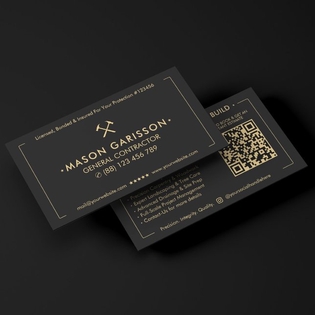 Carte De Visite Entrepreneur Général de Construction Élégante Noir (Elegant Construction Black General Contractor Business Card
)