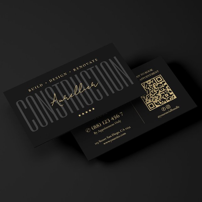 Carte De Visite Entrepreneur général noir Construction minimale  (Minimal Construction Black General Contractor Business Card
)