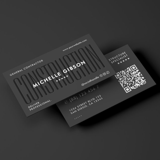 Carte De Visite Entrepreneur Ingénieur Construction Moderne Noir (Modern Construction Contractor Engineer Black Business Card
)