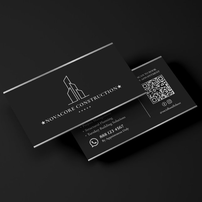 Carte De Visite Entrepreneur Minimal Construction Noir Argent (Minimal Construction Black Silver Contractor Business Card
)