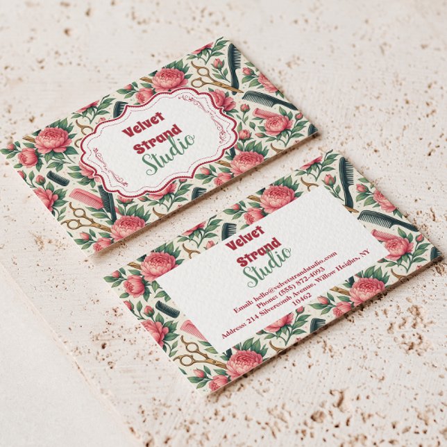 Carte De Visite Entreprise de coiffure rose vert floral (Créateur téléchargé)