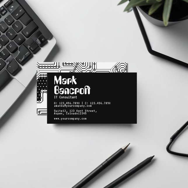 Carte De Visite Entreprise de conseil en technologie informatique  (Black and White IT Technology Consultant Business Business Card)