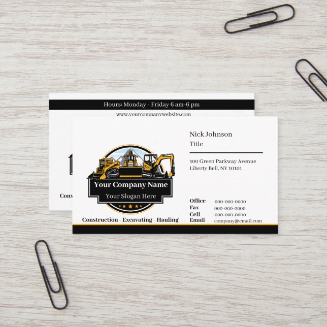 Carte De Visite Entreprise de Construction de Matériel Lourd Profe (Devant/Arrière en situation)