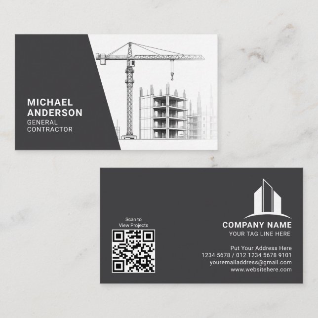 Carte De Visite Entreprise de construction, gris blanc, avec code  (Devant / Derrière)