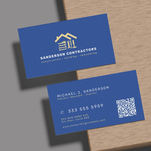 Carte De Visite Entreprise de construction moderne bleu royal or Q (Créateur téléchargé)