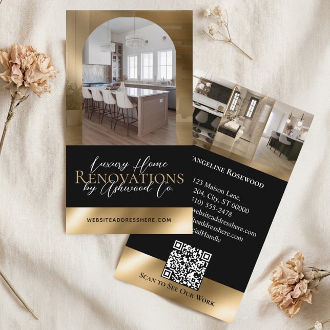 Carte De Visite Entreprise de rénovation de maison Or Noir Photo d (Black Gold Home Renovation Contractor Arch Photo Business Card)