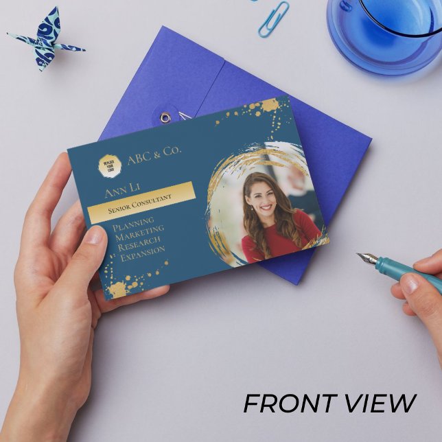 Carte De Visite Entreprise Gold & Blue, Ajouter une photo à une fo (Créateur téléchargé)