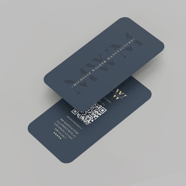 Carte De Visite Entreprise moderne Monogramme Marketing Dark Blue  (Modern Company Monogram Marketing Dark Blue Gold Professional Business Card with QR Code)