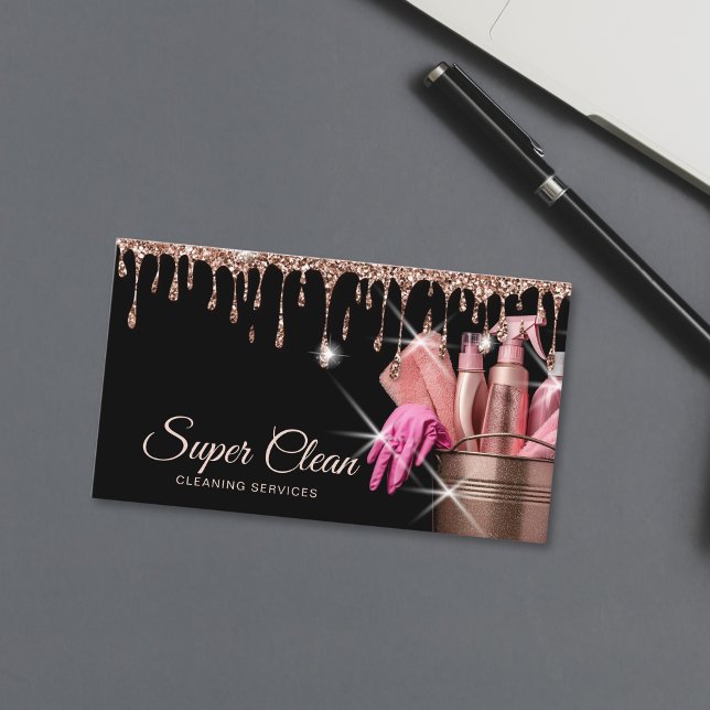 Carte De Visite Entretien ménager résidentiel commercial (cleaning bucket full of cleaning tools, hot pink color on black background)