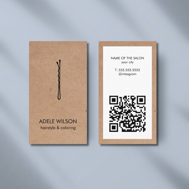 Carte De Visite Épingles à cheveux Salon de coiffure Code QR blanc (Créateur téléchargé)