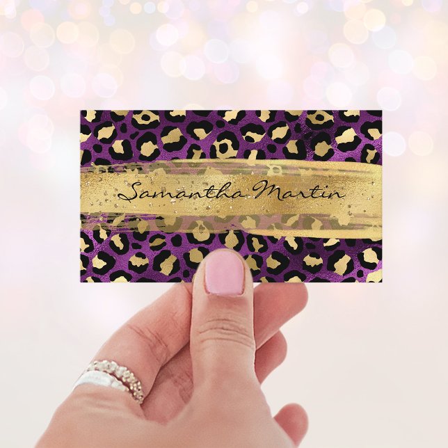 Carte De Visite Épreuve de brosse Leopard Gold et Purple Foil (Gold and Purple Foil Leopard Brush Stroke Business Card)