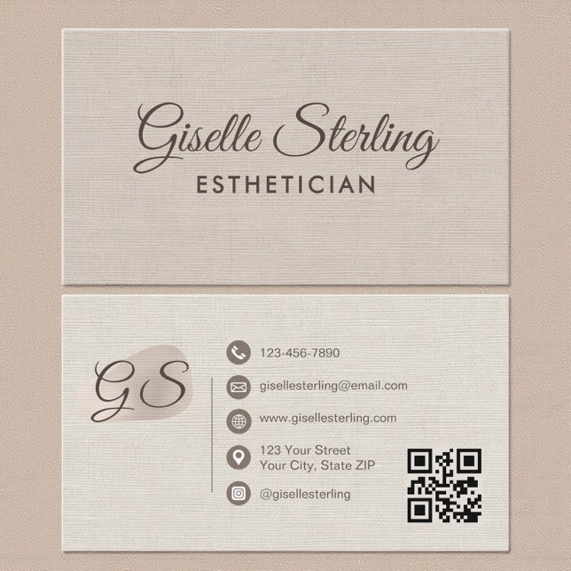 Carte De Visite Esthetician Beige Linen Modern Elegant QR Code (Créateur téléchargé)