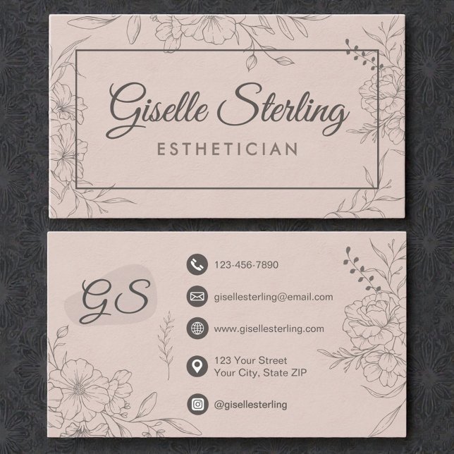 Carte De Visite Esthetician Blush Floral Line Art Script (Créateur téléchargé)