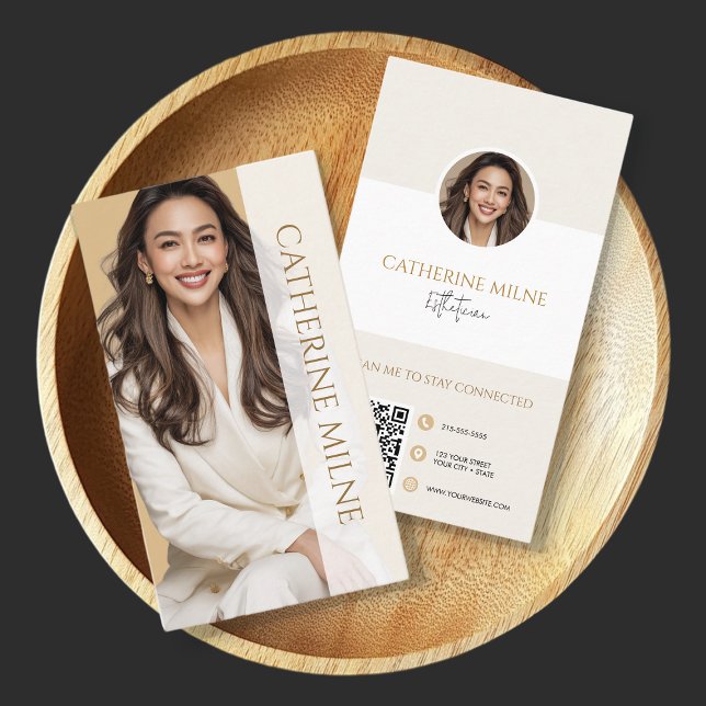 Carte De Visite Esthéticien Beige Beige QR Code & Photo (Créateur téléchargé)