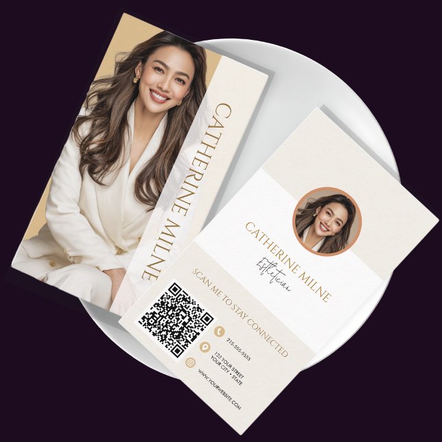 Carte De Visite Esthéticien Beige Beige QR Code & Photo (Créateur téléchargé)