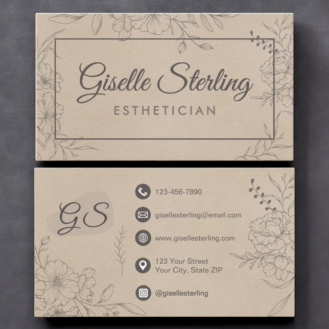 Carte De Visite Esthéticienne Beige Suède Ligne Florale Art Script (Créateur téléchargé)