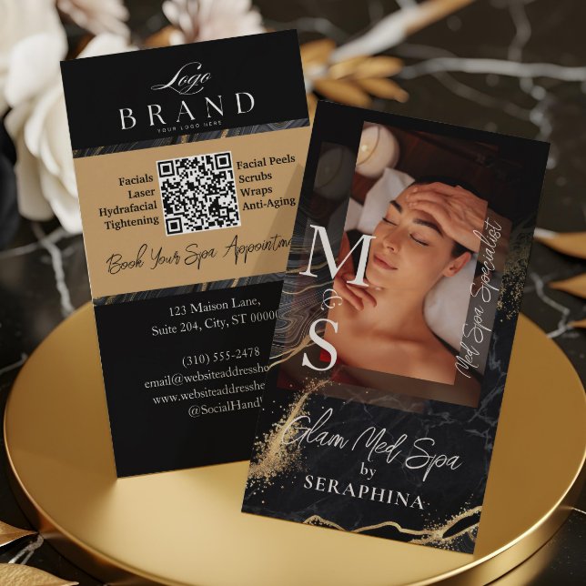 Carte De Visite Esthéticienne de Luxe Med Spa Agate Noir Or (Luxury Med Spa Esthetician Black Gold Agate Business Card)
