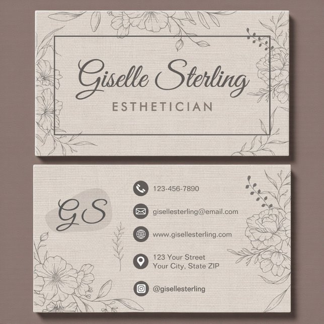 Carte De Visite Esthéticienne Lin Floral Line Art Script (Créateur téléchargé)
