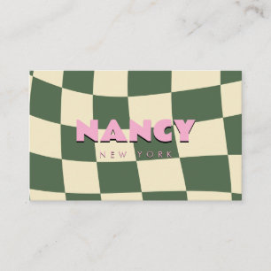 Carte De Visite Esthétique Rétro Damier Ondulé Rose Vert