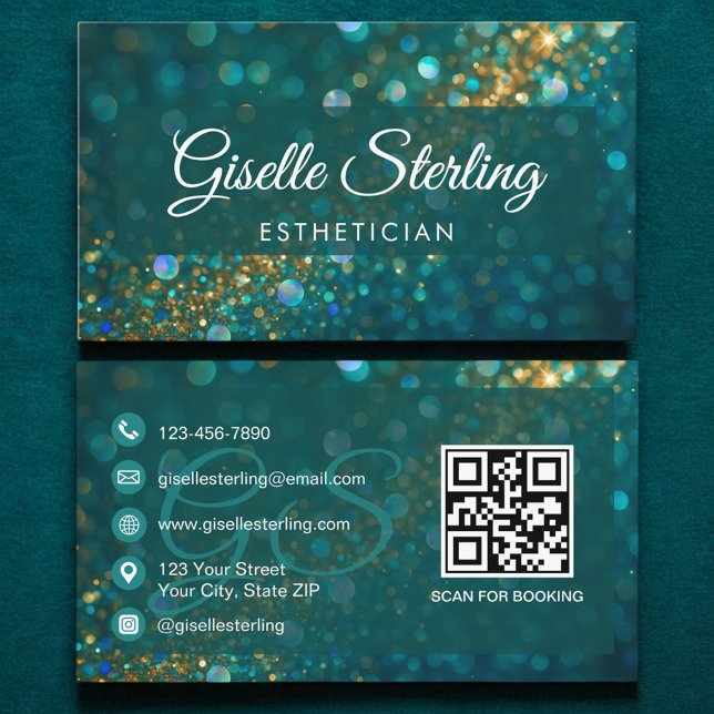 Carte De Visite Esthétique Turquoise Gold Parties scintillant QR C (Créateur téléchargé)