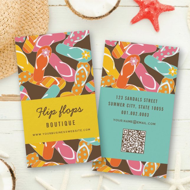 Carte De Visite Été Et Amusant Plage Colorée Flip Flops Motif (Summer And Fun Colorful Beach Flip Flops Pattern Business Card @ fatfatin_design)