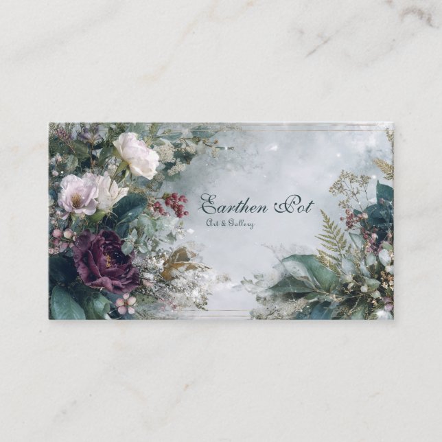 Carte De Visite Ethereal Winter Floral Burgundy Rose and Icy Gray (Devant)