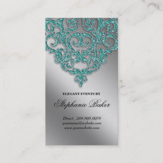 Carte De Visite Étincelle Teal d'argent de damassé de bijoux de