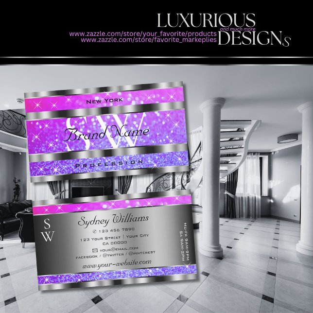 Carte De Visite Etoiles de Parties scintillant rose violet Monogra (Créateur téléchargé)