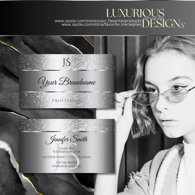 Carte De Visite Étoiles et initiales de Parties scintillant Silver (Créateur téléchargé)