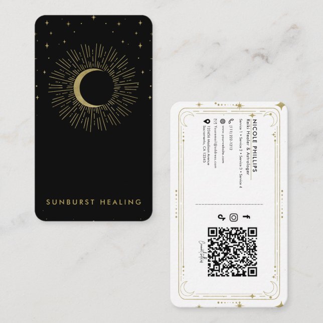 Carte De Visite Étoiles noires et dorées Soleil céleste Moonburst  (Devant / Derrière)