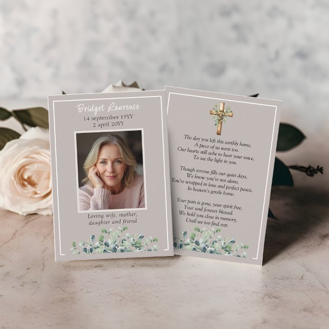 Carte De Visite Eucalyptus Leaves Memorial Photo Taupe Prayer Card (taupe elgant eucalyptus leaves greenery border
prayer card)