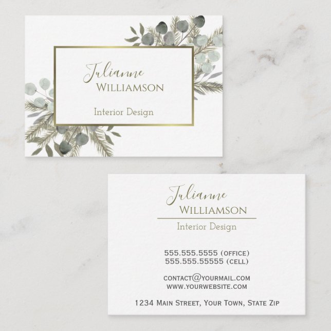 Carte De Visite Eucalyptus & Pine Sage Vert & Or Aquarelle (Devant / Derrière)