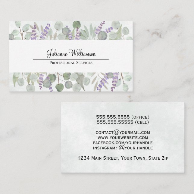 Carte De Visite Eucalyptus Rustique aquarelle et Lavande Plutôt (Devant / Derrière)