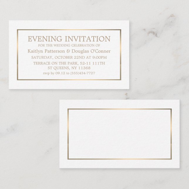 Carte De Visite Evénement de soirée moderne White & Gold Invitatio (Devant / Derrière)