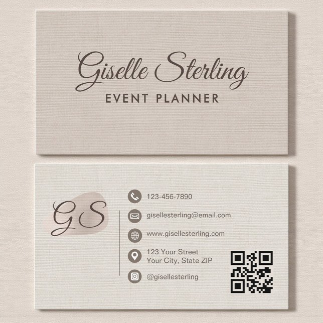 Carte De Visite Event Planner Beige Linen Modern Elegant QR Code (Créateur téléchargé)