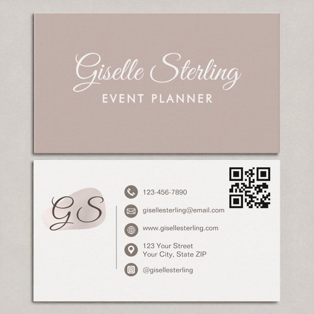 Carte De Visite Event Planner Blush Mauve Modern Elegant QR Code (Créateur téléchargé)