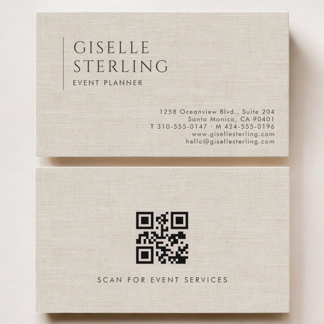 Carte De Visite Event Planner Luxury Neutral Linen QR Code (Créateur téléchargé)