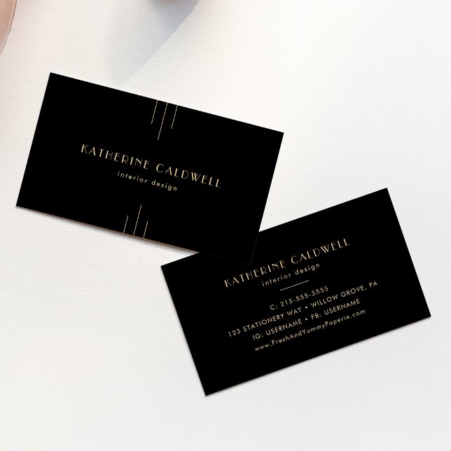 Carte De Visite EVERLY Élégant Art Déco Noir et Or (EVERLY Elegant Art Deco Black and Gold Business Card)