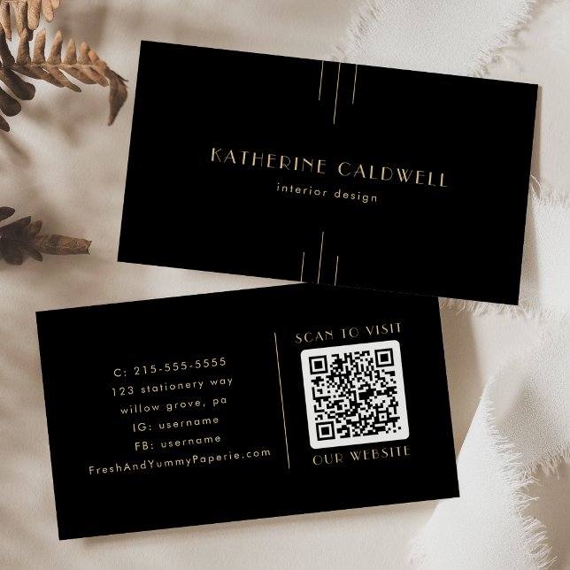 Carte De Visite EVERLY Élégant Code QR noir et or Art Déco (EVERLY Elegant Art Deco Black and Gold QR Code Business Card)