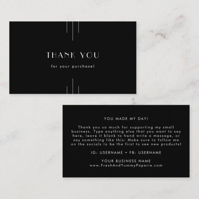 Carte De Visite EVERLY Modern Art Deco Black and White Thank You (Devant / Derrière)