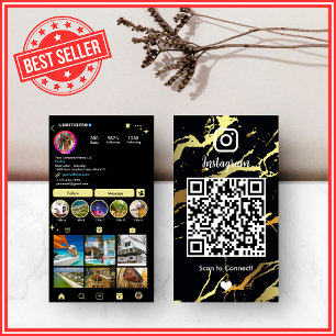 Carte De Visite Executive Black & Gold Marble Agate Instagram QR