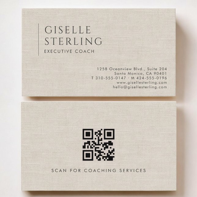 Carte De Visite Executive Coach Luxury Neutral Linen QR Code (Créateur téléchargé)