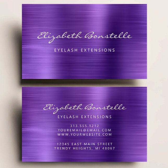 Carte De Visite Extension Lash de script de métal brossé violet (Créateur téléchargé)
