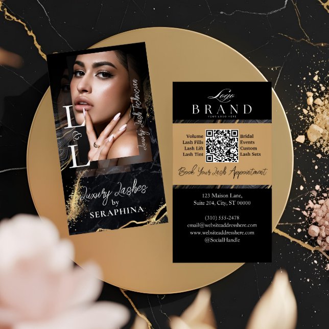 Carte De Visite Extensions de Cils Luxe Glam Black Gold Agate (Luxury Glam Eye Lashes Extensions Black Gold Agate Business Card)