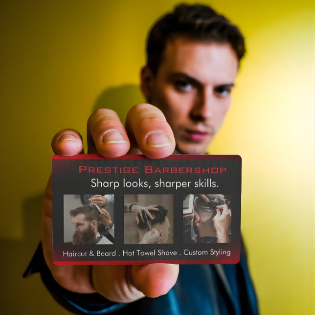 Carte De Visite Eye-Catching Modern Barber in Red Black White (Créateur téléchargé)