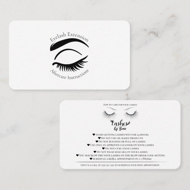 Carte De Visite Eyelash Extensions Aftercare Comment s'occuper de  (Devant / Derrière)