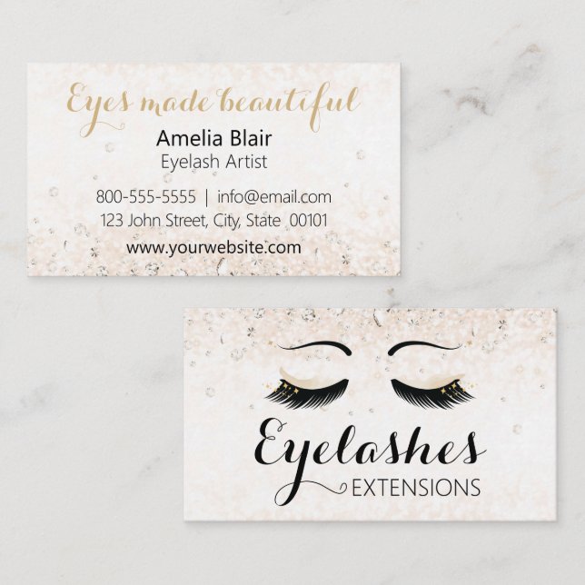 Carte De Visite Eyelash Extensions Étincelles et diamants Or (Devant / Derrière)