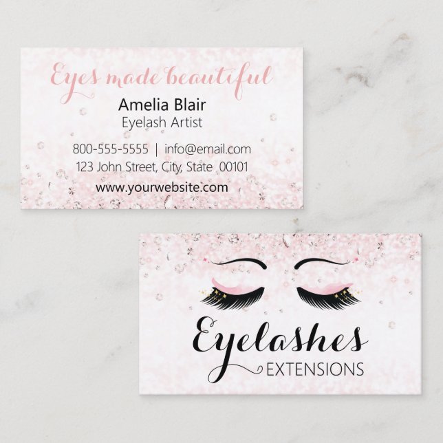 Carte De Visite Eyelash Extensions Étincelles et diamants rose (Devant / Derrière)