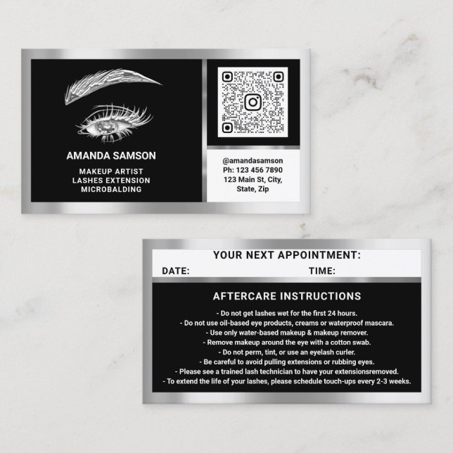 Carte De Visite Eyelash Microblade QRCODE Aftercare BlackWhiteGrey (Devant / Derrière)