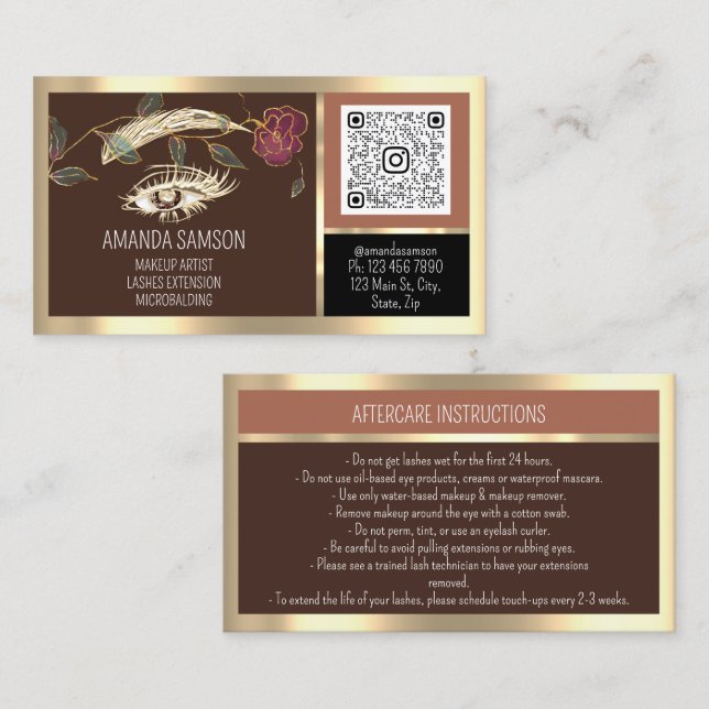 Carte De Visite Eyelash Microblade QRCODE Rose Brown post-soins (Devant / Derrière)